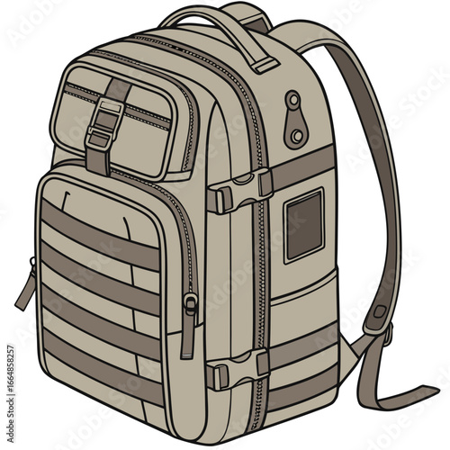 Illustration of a tactical backpack with multiple pockets and straps, ideal for outdoor adventures and military use