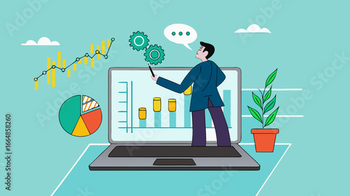 online webinar presentation, online seminars or meetings discussing business strategy, business discussion conference, data analysis or finance expertise, businessman on laptop screen explaining data