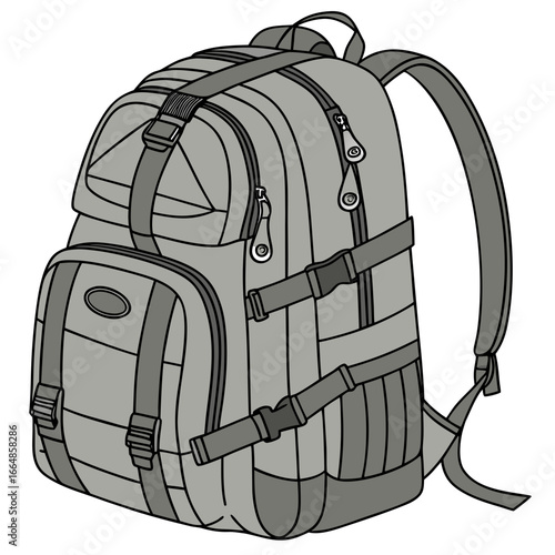 Illustration of a modern backpack with multiple compartments and adjustable straps, suitable for travel and everyday use