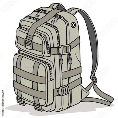 Illustration of a versatile backpack with adjustable straps and multiple compartments, perfect for travel and outdoor activities