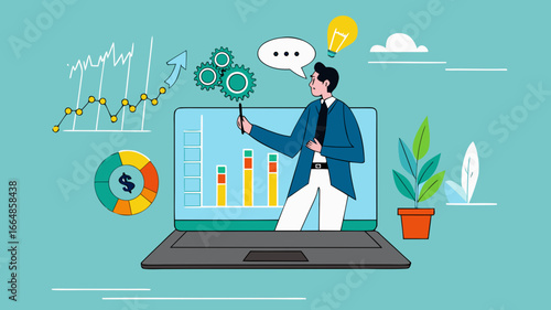 online webinar presentation, online seminars or meetings discussing business strategy, business discussion conference, data analysis or finance expertise, businessman on laptop screen explaining data