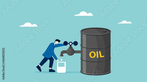 global crude oil shortage, the amount of crude oil reserves is getting smaller, world oil crisis concept, sad businessman leaning on a dead crude oil tap from an empty barrel