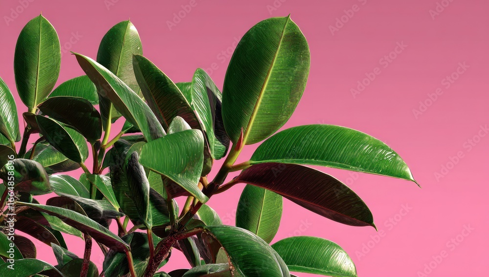 Obraz premium Lush green leaves against a vibrant pink backdrop.