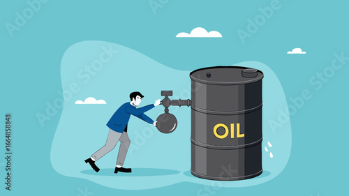 global crude oil shortage, the amount of crude oil reserves is getting smaller, world oil crisis concept, sad businessman leaning on a dead crude oil tap from an empty barrel