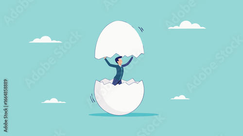 beginners businessman, beginner in starting a new business, newbie businessman comes out of a hatched egg concept vector illustration