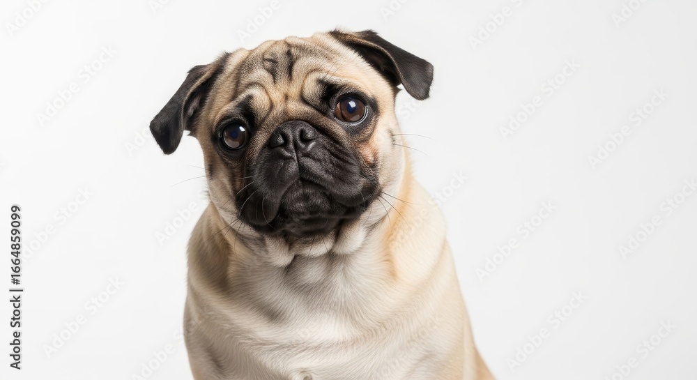Obraz premium A fawncolored pug with a wrinkly face and dark eyes looks at the camera on a white background