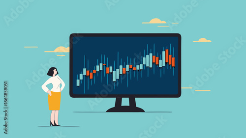 stock market analysis on investment, stock market rising up, analyzing graphs, financial growth statistic, businesswoman investor analyzing a graph of his stock while carrying gold coins