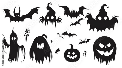 Set of halloween silhouettes black icon and character vector illustration isolated on white background