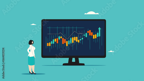 stock market analysis on investment, stock market rising up, analyzing graphs, financial growth statistic, businesswoman investor analyzing a graph of his stock while carrying gold coins
