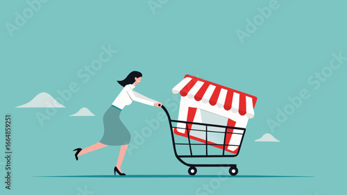buy a franchise illustration with businesswoman push shopping carts containing franchise icons concept vector illustration