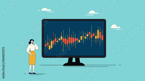 stock market analysis on investment, stock market rising up, analyzing graphs, financial growth statistic, businesswoman investor analyzing a graph of his stock while carrying gold coins