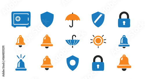 Collection of security and safety icons representing protection, alertness, and emergency measures in digital interfaces and physical environments