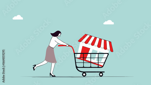buy a franchise illustration with businesswoman push shopping carts containing franchise icons concept vector illustration