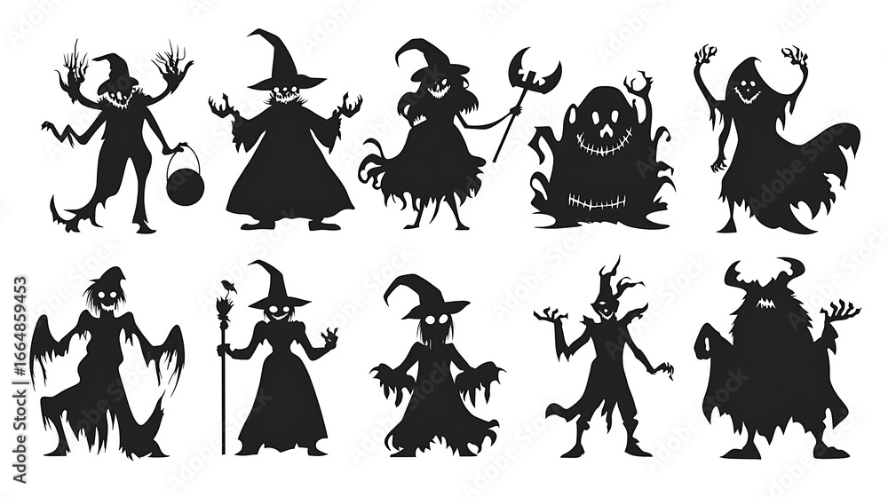 Naklejka premium Collection of halloween silhouette characters black icons vector isolated on white background