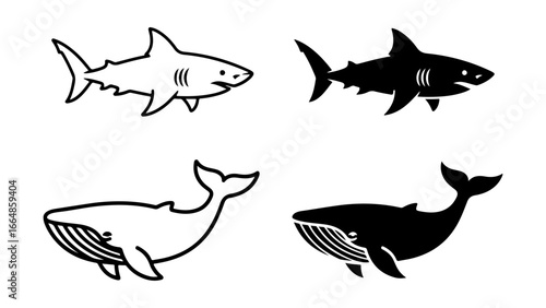 Graphic Set of Sharks and Whales in Outline and Silhouette Styles