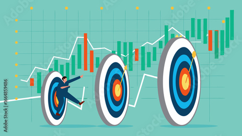 small target achievement as motivate to achieve bigger target or goal, strategies to inspire greater success, Businessman breakthrough small target archery as motivate to breakthrough bigger target