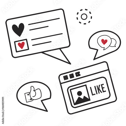 Illustration of social media icons representing likes, comments, and messages, conveying online communication and connection