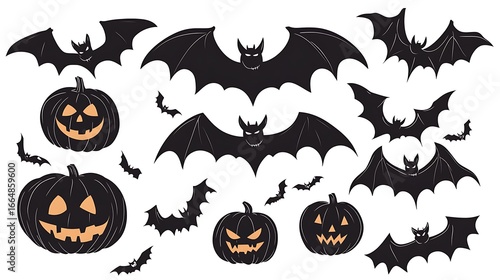 Spooky halloween silhouettes of bats and pumpkins black icons vector isolated on white