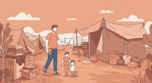 Family Seeking Shelter in a Refugee Camp, Simple Illustration