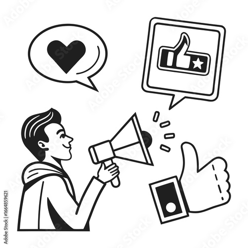 Man with megaphone promoting social media engagement with likes and hearts, vector illustration