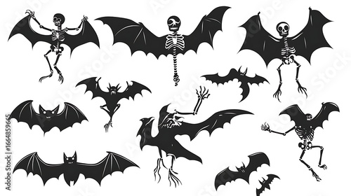 Halloween themed black silhouette icons of skeletons and bats vector isolated on white