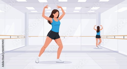 Energetic Woman in Activewear Dancing with Arms Raised in Studio