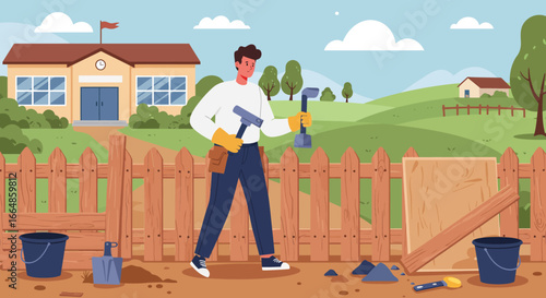 Cartoon man holding hammer and pipe wrench, wearing gloves and tool belt.