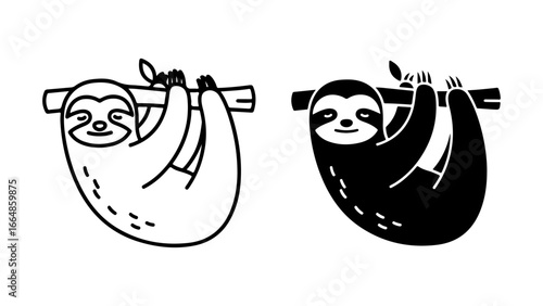 Adorable cartoon sloth hanging from a branch in line art and silhouette styles