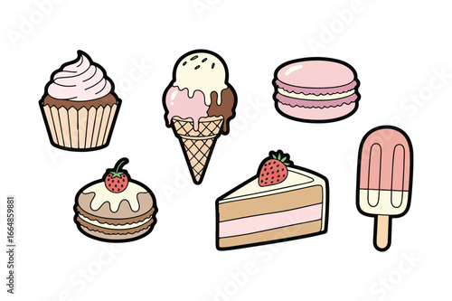 Assortment of cute cartoon desserts including ice cream cone cupcake macaron slice of cake and popsicle