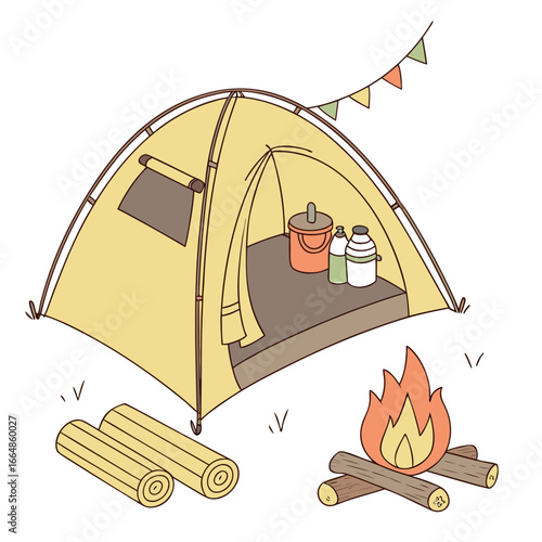 Illustration of a camping tent with a campfire and wood, perfect for outdoor adventure and travel themed designs