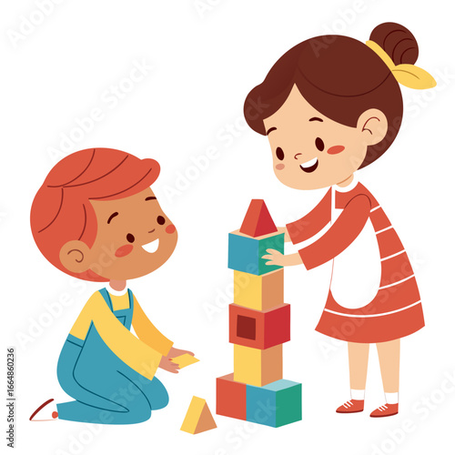 Children joyfully playing with building blocks, fostering creativity, learning, and friendship in a fun and engaging activity