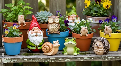 Charming Garden Gnome and Animal Figurines Adorning Potted Plants.