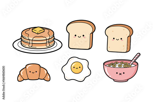 Cute kawaii breakfast food characters including pancakes toast croissant fried egg and cereal bowl vector