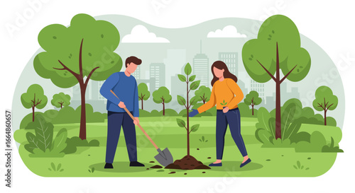 Two People Planting a Young Tree in a Park, Vector Illustration