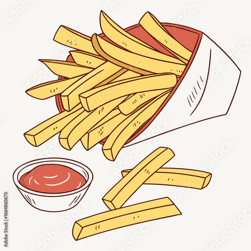 Cartoon illustration of french fries in a paper container with ketchup, perfect for fast food restaurant or snack bar
