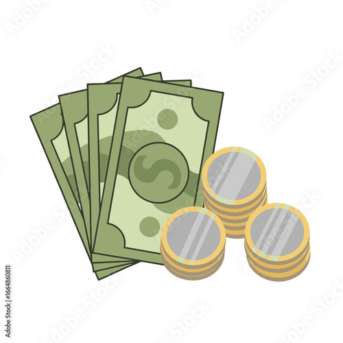 A simple illustration depicts a stack of cash and coins, symbolizing financial concepts like savings, investment, and wealth accumulation against a clean white background.