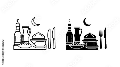 Traditional Evening Meal Setting with Food and Cutlery Under a Crescent Moon Icon