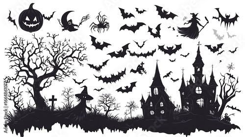 Halloween black silhouette vector set featuring spooky bats witches and pumpkins