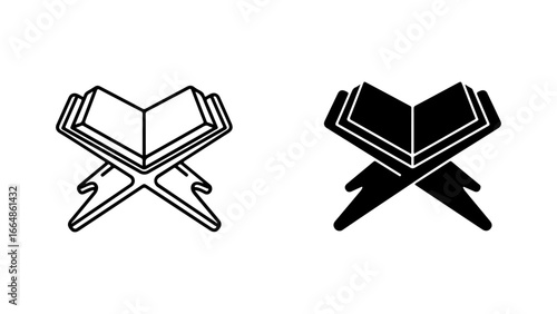 Open Sacred Book on a Traditional Reading Stand in Outline and Solid Icon Style