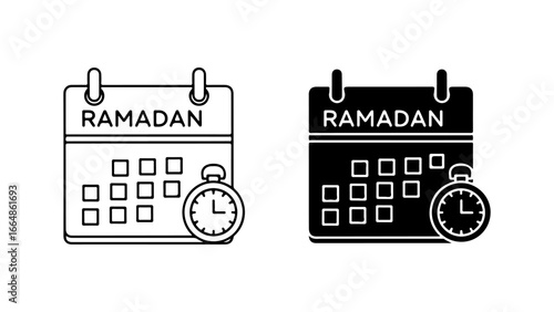 Ramadan Calendar and Stopwatch Icons in Outline and Glyph Styles