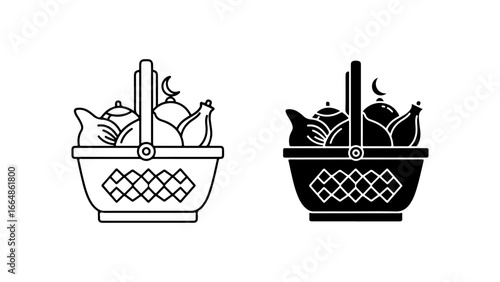 Traditional Islamic Gift Basket Icon Set with Crescent Moon and Cultural Items