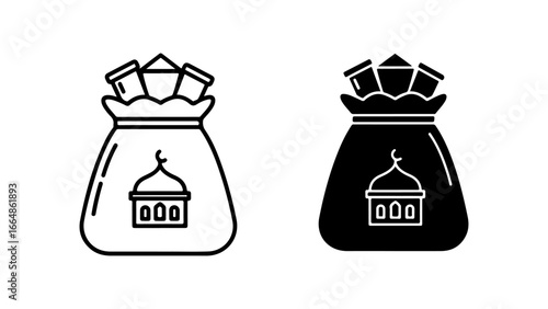 Islamic Zakat and Charity Money Bag Icons with Mosque Dome, Crescent Moon, and Coins in Outline and Solid Styles