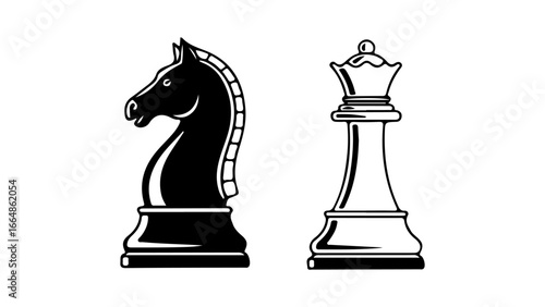 Stylized Black Knight and White Queen Chess Pieces on White Background
