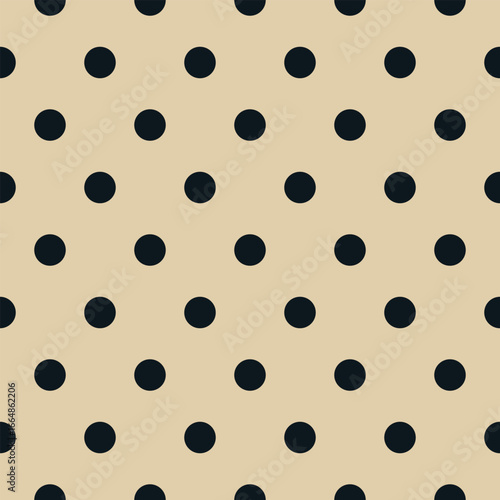 Soft beige background with contrasting dark navy polka dots, seamless vector pattern for fabric and home decor.