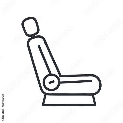 Minimalist line icon of a vehicle seat, side profile view. Symbol for transportation, automotive interior, and passenger comfort concept