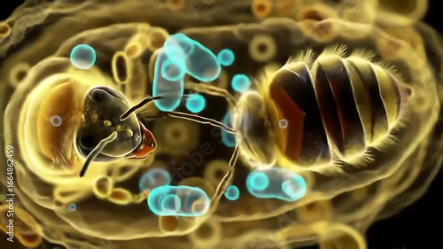 Inside a honeybee’s gut, a macro lens uncovers symbiotic bacteria glowing faintly under polarized light, helping the insect digest nectar