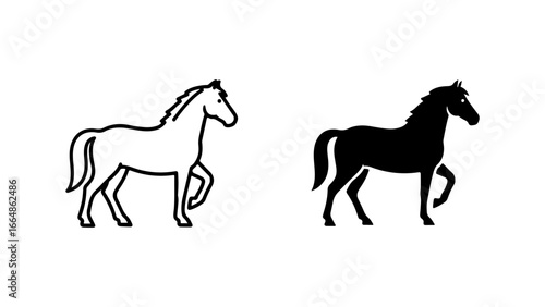 Stylized Black and White Horse Icons: Outline and Silhouette in Profile