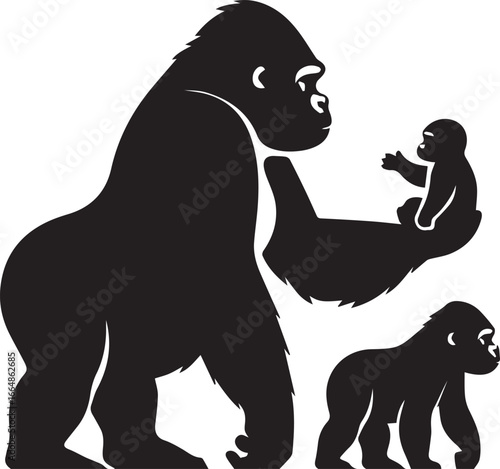 Gorilla Family Silhouette Vector – Black and White Wildlife Illustration of Parent and Baby Apes