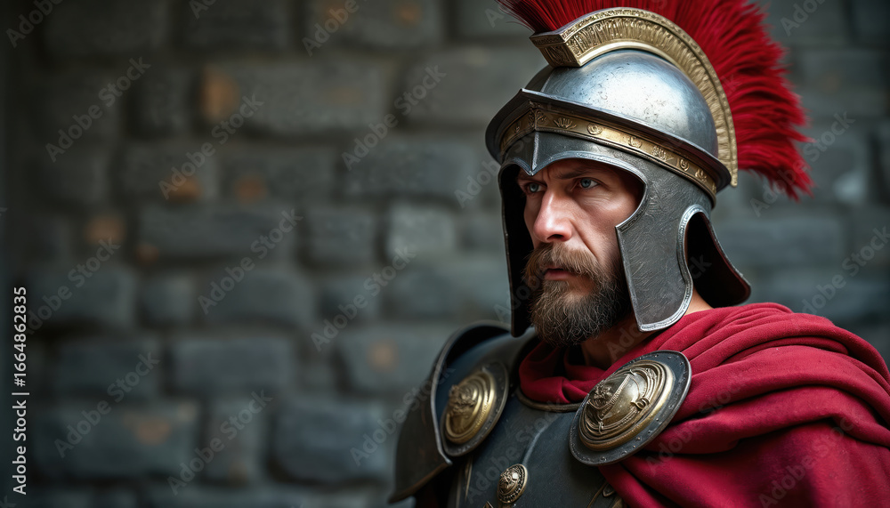 Fototapeta premium Serious Roman soldier in full armor, red cape. Warrior shows strength, determination, courage, leadership. Historical figure stands with dignity against brick wall. Ideal for Roman Empire, military