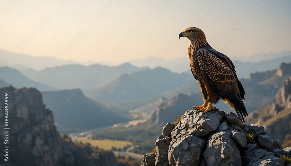 Fototapeta premium A majestic eagle perches on a rocky mountain peak, surveying the vast, hazy landscape bathed in the warm glow of dawn or dusk